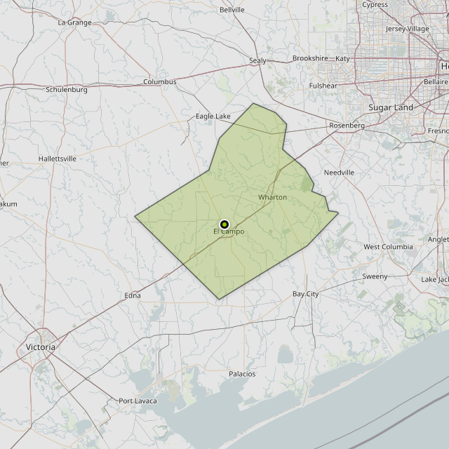 Map showing Wharton County around El Campo, TX