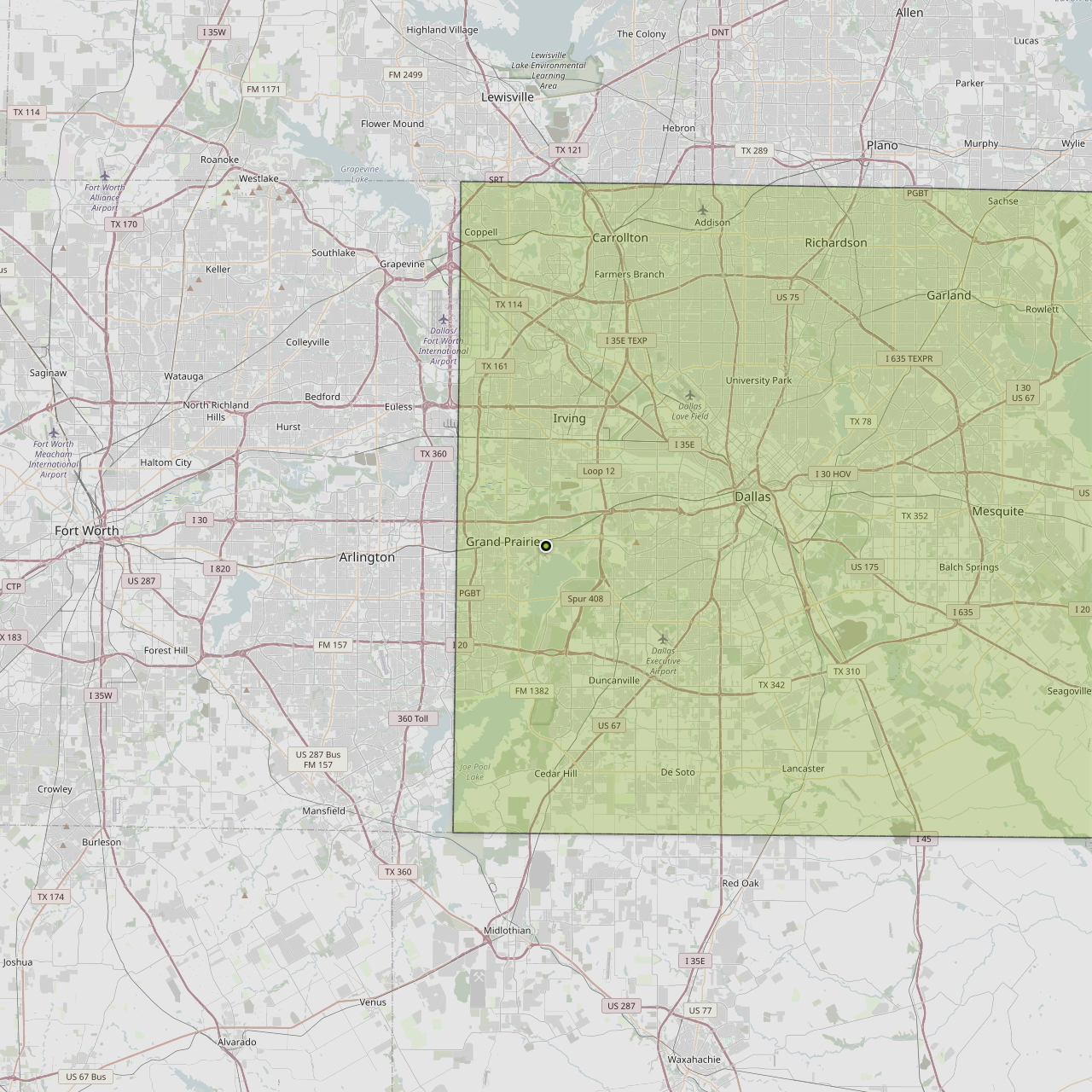 Map showing Dallas County around Dallas, TX