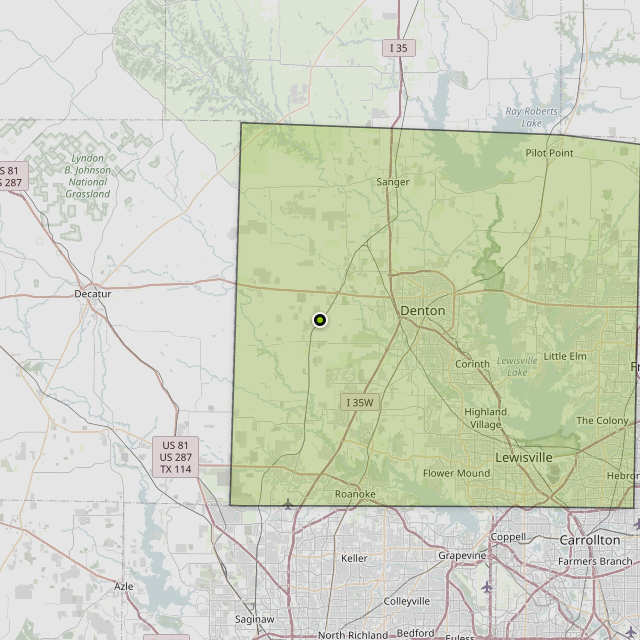 Map showing Denton County around Ponder, TX