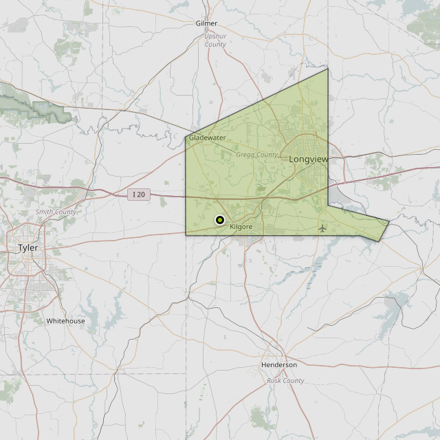 Map showing Gregg County around Kilgore, TX