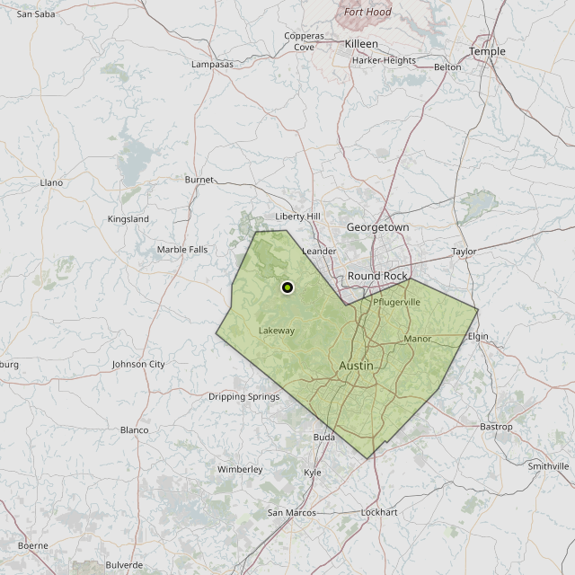 Map showing Travis County around Jonestown, TX