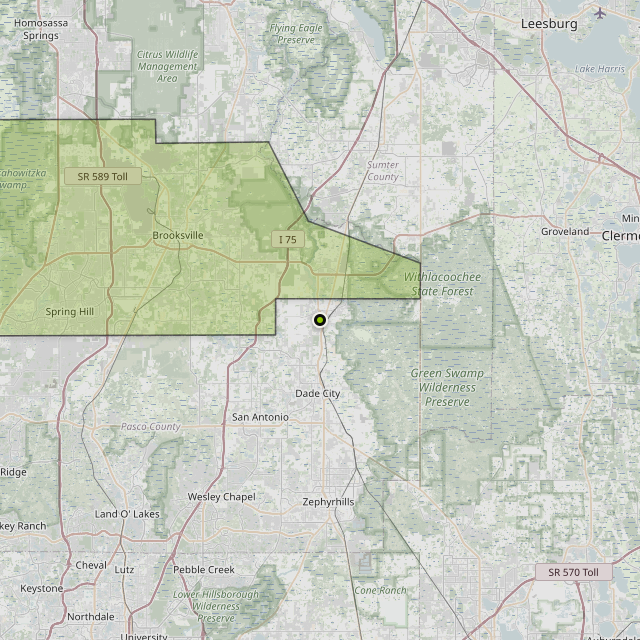 Map showing Hernando County around Dade City, FL