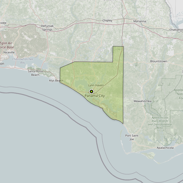 Map showing Bay County around Panama City, FL