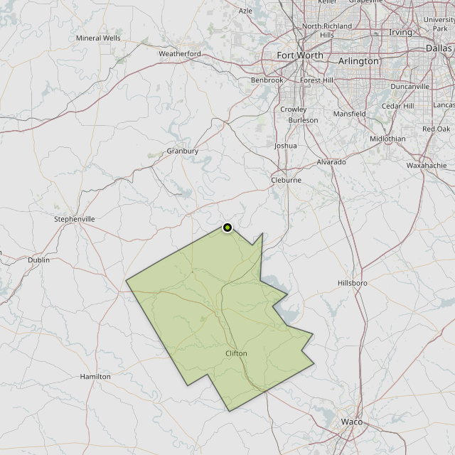 Map showing Bosque County around Kopperl, TX