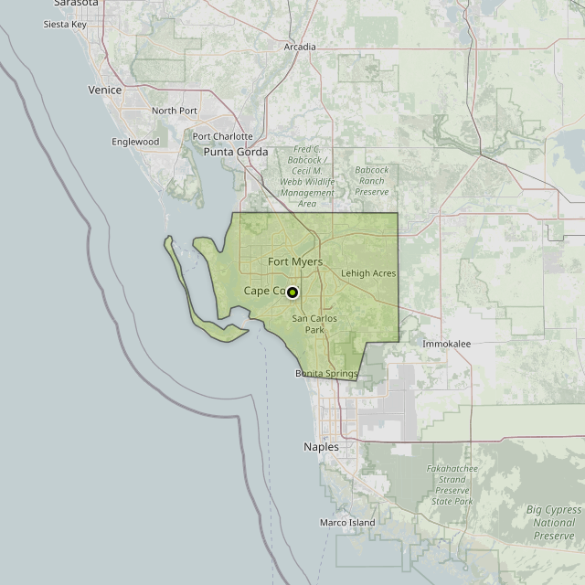 Map showing Lee County around Villas, FL