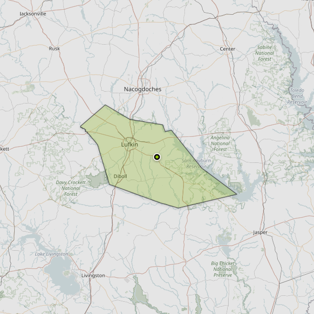 Map showing Angelina County around Huntington, TX