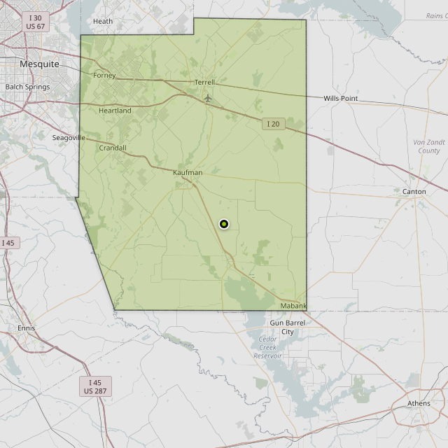 Map showing Kaufman County around Kemp, TX