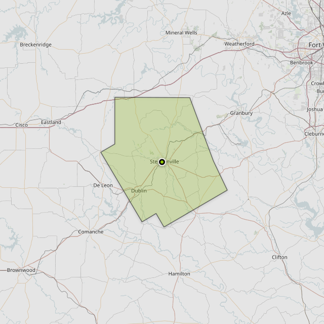 Map showing Erath County around Stephenville, TX