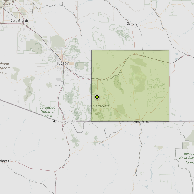 Map showing Cochise County around Huachuca City, AZ