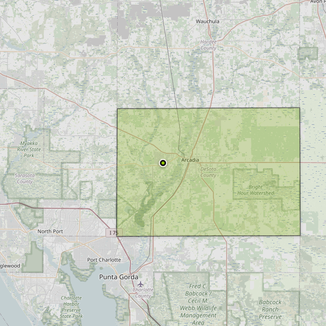 Map showing DeSoto County around Nocatee, FL