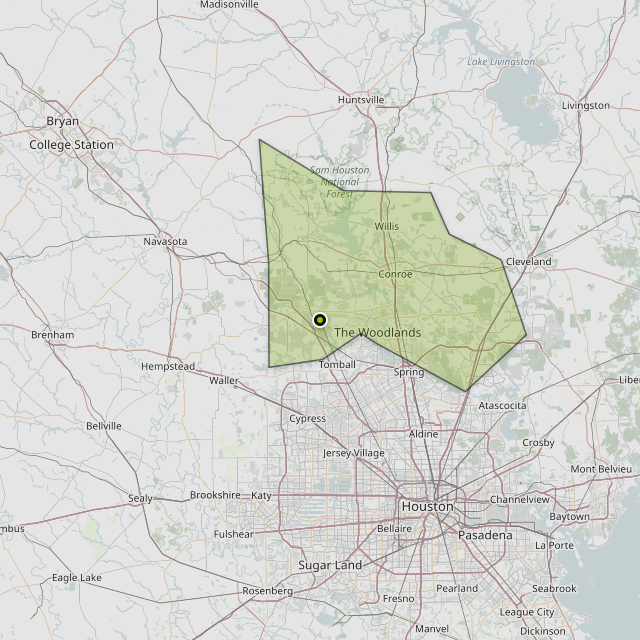 Map showing Montgomery County around Pinehurst, TX