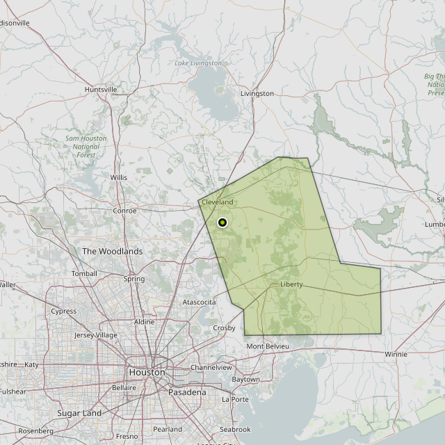 Map showing Liberty County around Cleveland, TX
