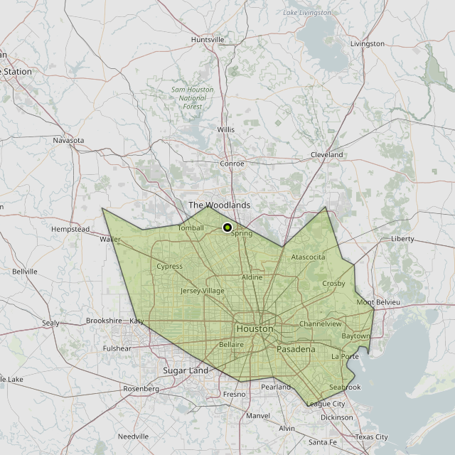 Map showing Harris County around Spring, TX