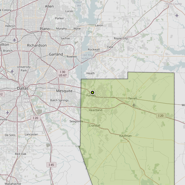 Map showing Kaufman County around Forney, TX