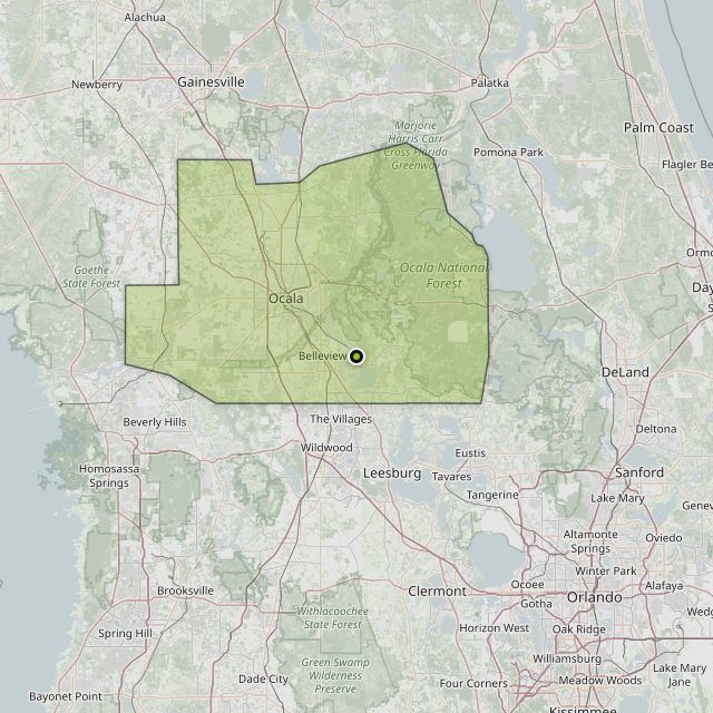 Map showing Marion County around Ocala, FL