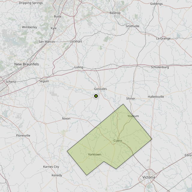 Map showing DeWitt County around Gonzales, TX