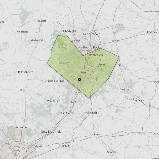 Map showing Travis County around Austin, TX