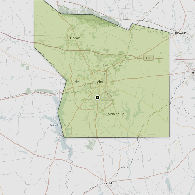 Map showing Smith County around Tyler, TX