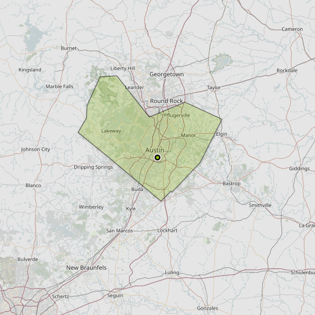 Map showing Travis County around Austin, TX