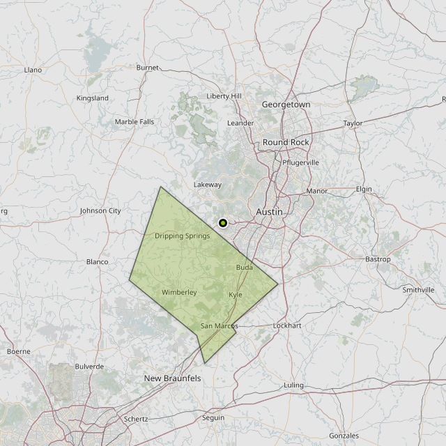 Map showing Hays County around Austin, TX