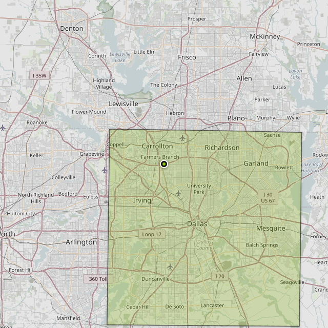 Map showing Dallas County around Dallas, TX