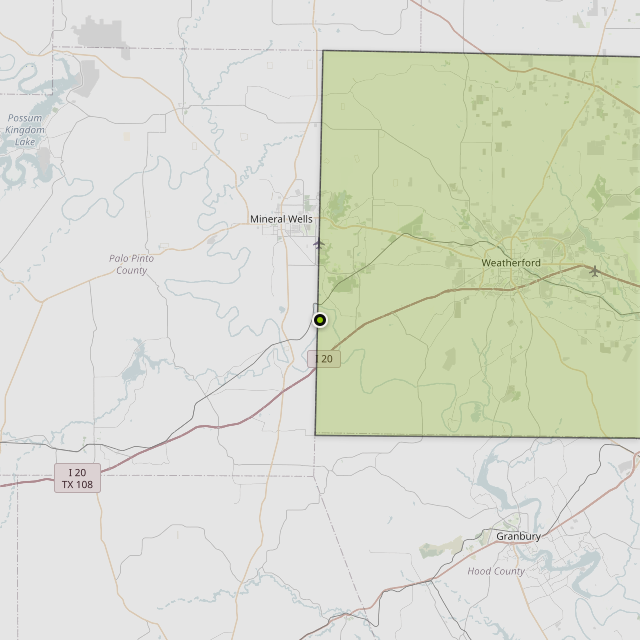 Map showing Parker County around Mineral Wells, TX