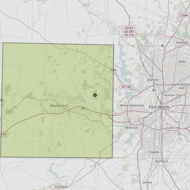 Map showing Parker County around Weatherford, TX