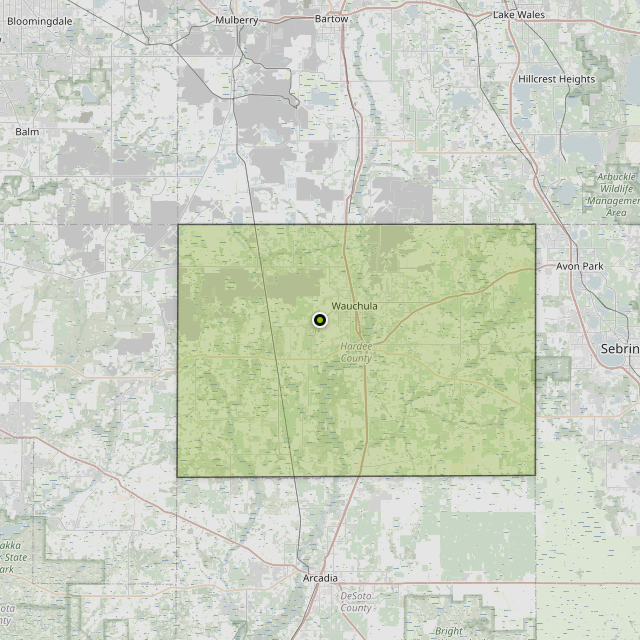 Map showing Hardee County around Wauchula, FL