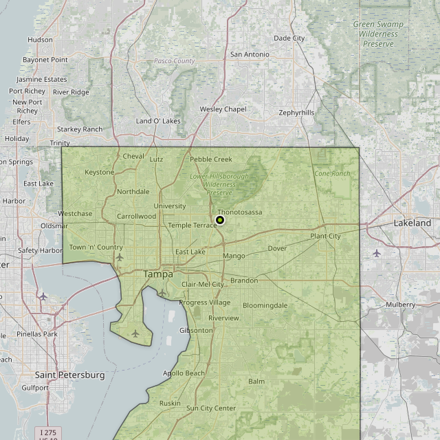 Map showing Hillsborough County around Thonotosassa, FL
