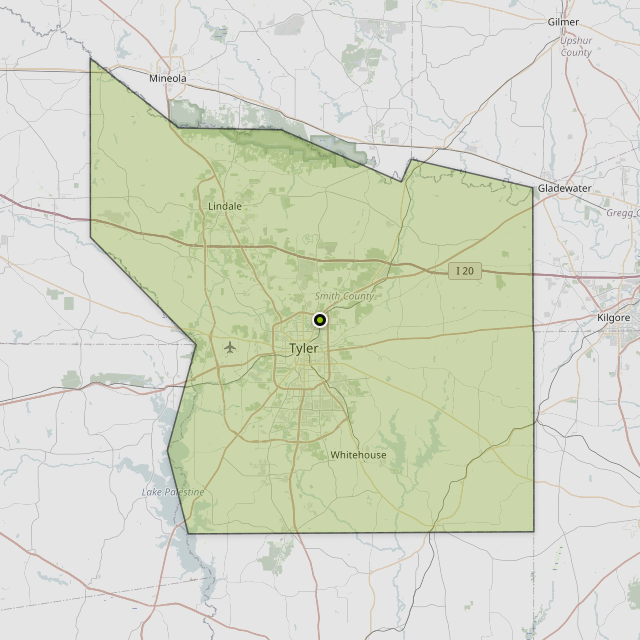 Map showing Smith County around Tyler, TX