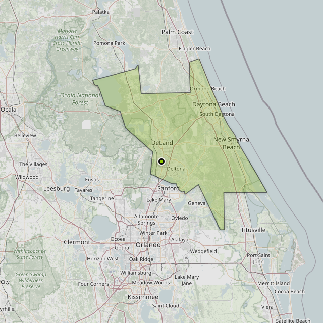 Map showing Volusia County around Orange City, FL
