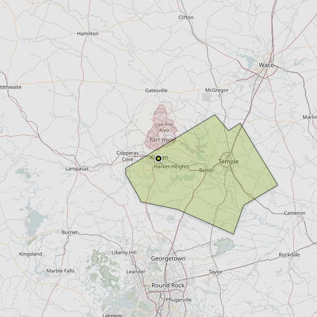 Map showing Bell County around Killeen, TX