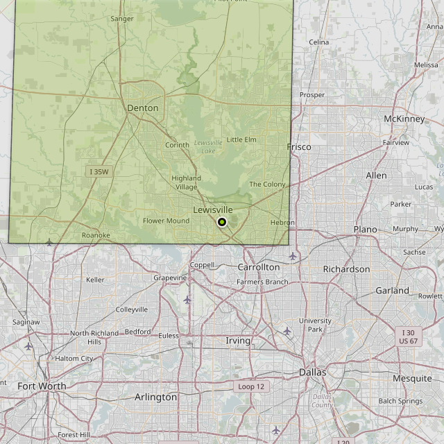 Map showing Denton County around Lewisville, TX