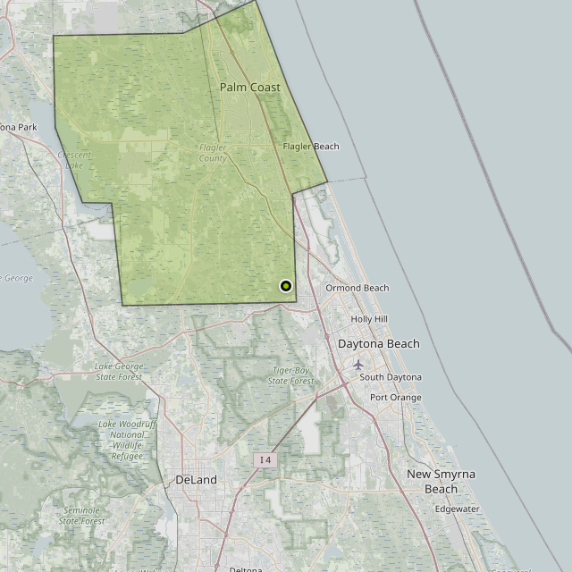 Map showing Flagler County around Ormond Beach, FL