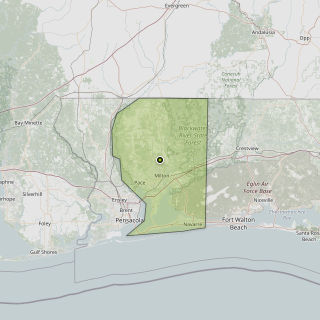 Map showing Santa Rosa County around Milton, FL
