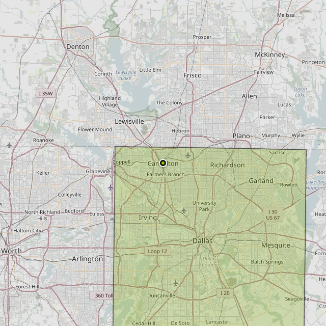 Map showing Dallas County around Carrollton, TX