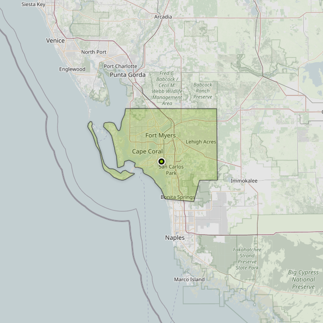 Map showing Lee County around Fort Myers, FL
