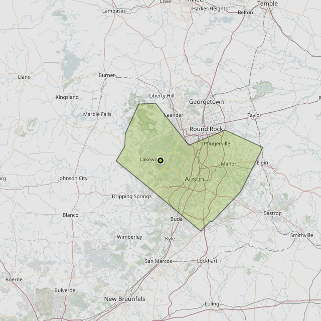 Map showing Travis County around Lakeway, TX