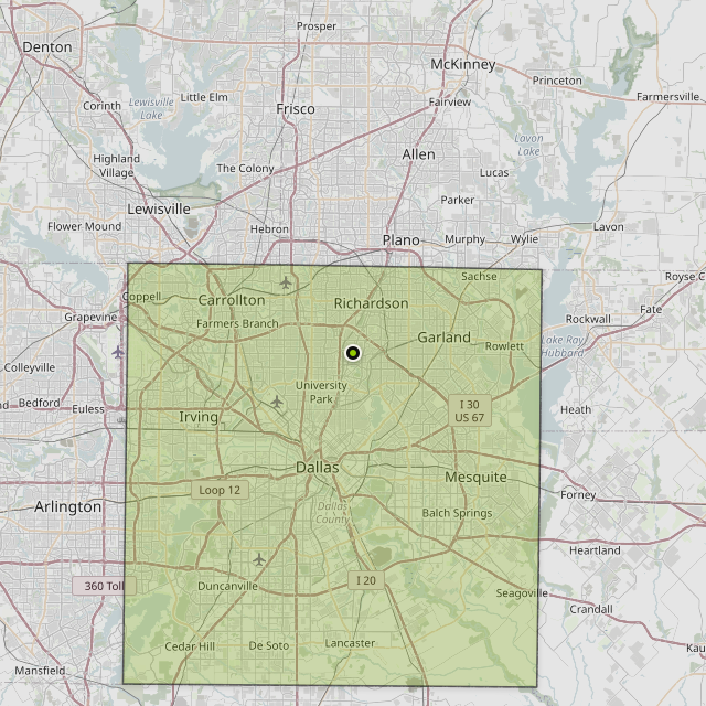 Map showing Dallas County around Dallas, TX