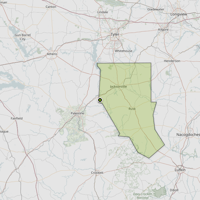 Map showing Cherokee County around Jacksonville, TX
