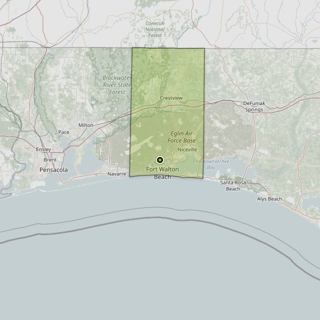 Map showing Okaloosa County around Fort Walton Beach, FL