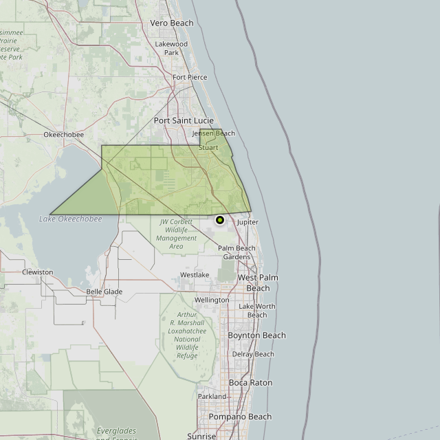 Map showing Martin County around Jupiter, FL