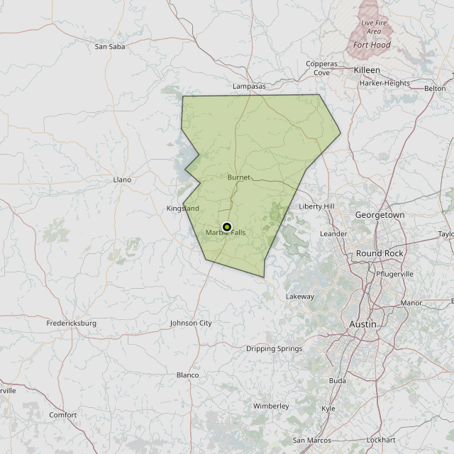 Map showing Burnet County around Marble Falls, TX