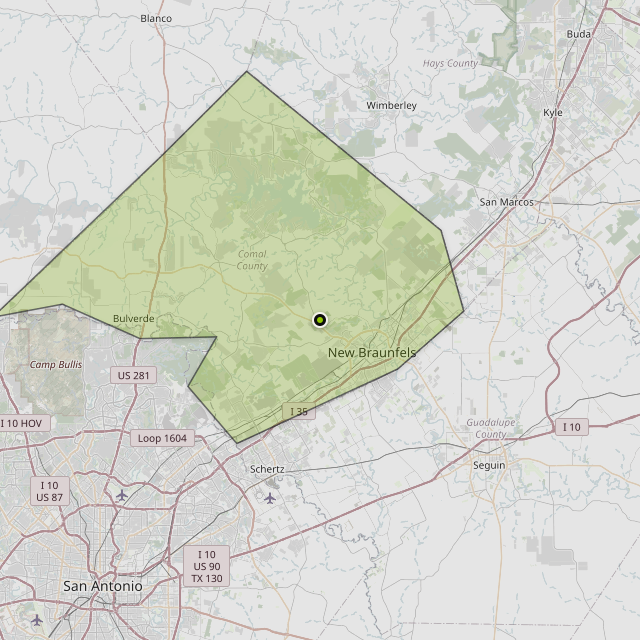 Map showing Comal County around New Braunfels, TX