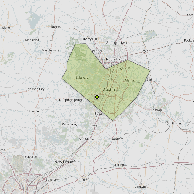 Map showing Travis County around Austin, TX