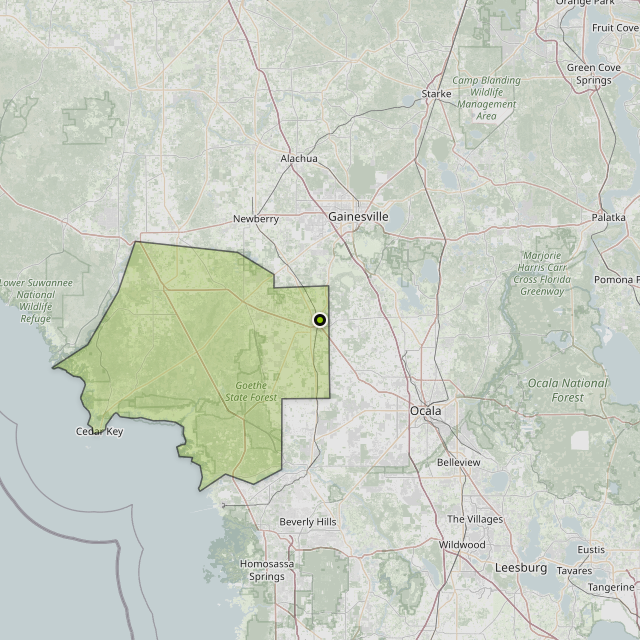 Map showing Levy County around Williston, FL