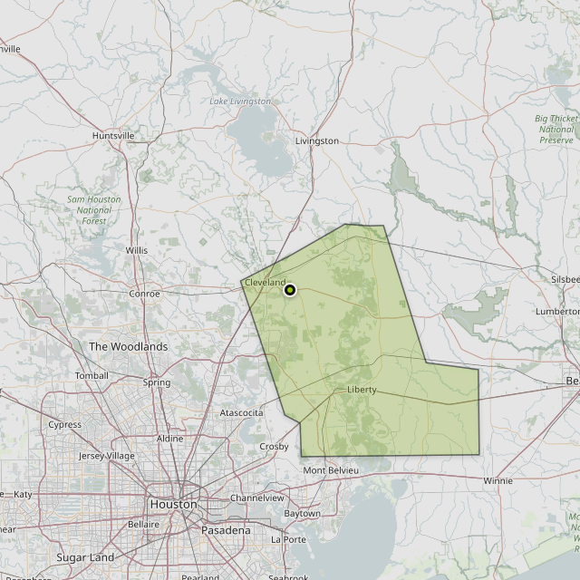 Map showing Liberty County around Cleveland, TX