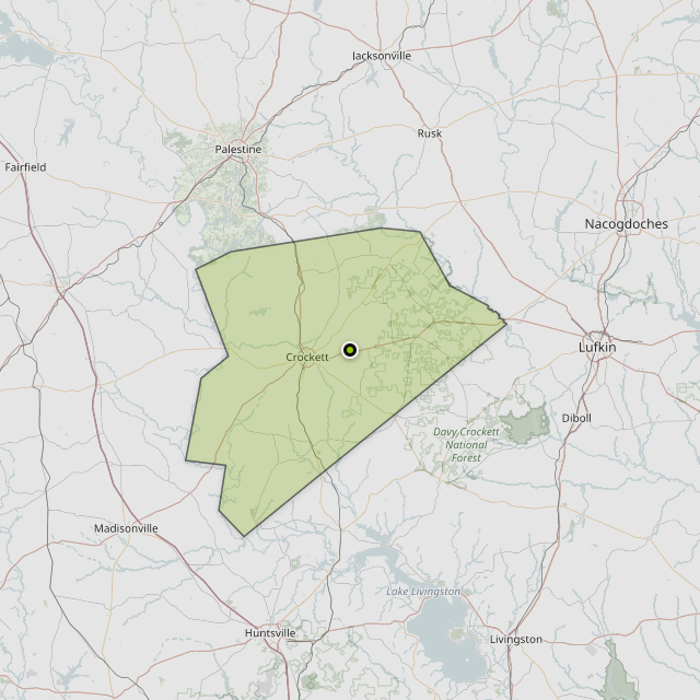 Map showing Houston County around Crockett, TX