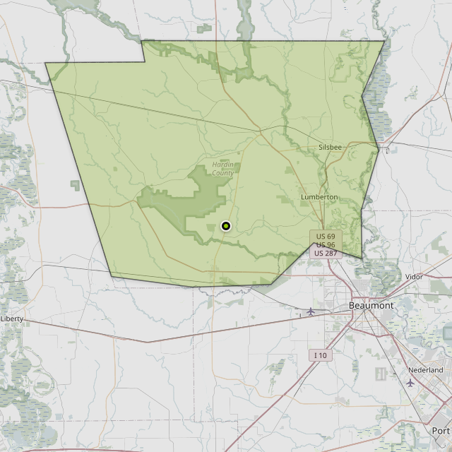 Map showing Hardin County around Kountze, TX