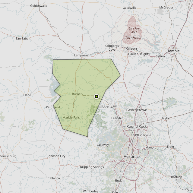 Map showing Burnet County around Bertram, TX